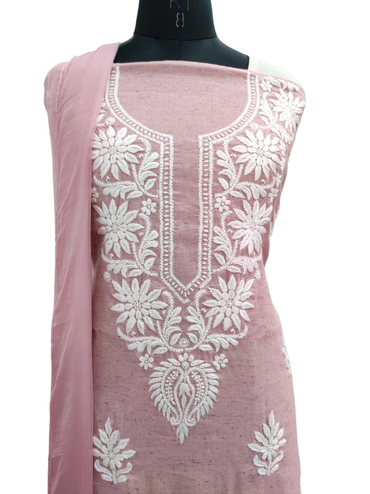 Shyamal Chikan Hand Embroidered Onion Pink Chanderi Lucknowi Chikankari Unstitched Suit Piece ( Kurta Dupatta Set ) - S18120