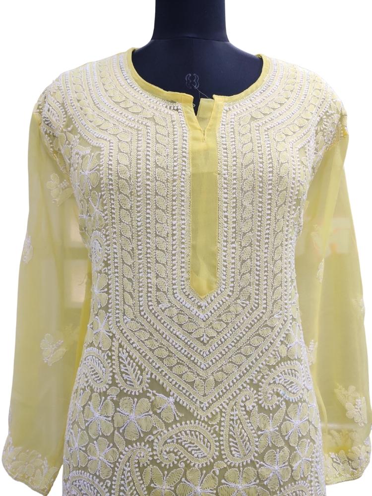 Shyamal Chikan Hand Embroidered Yellow Georgette Lucknowi Chikankari Kurti- S8407