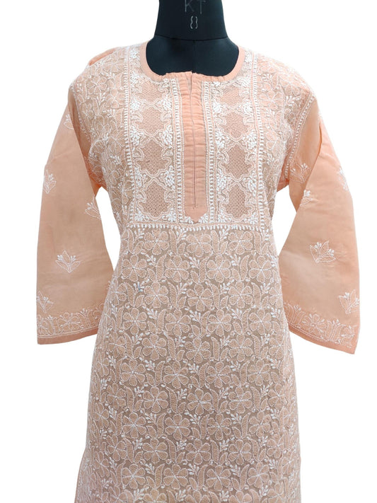 Shyamal Chikan Hand Embroidered Peach Cotton Lucknowi Chikankari Kurti- S18633