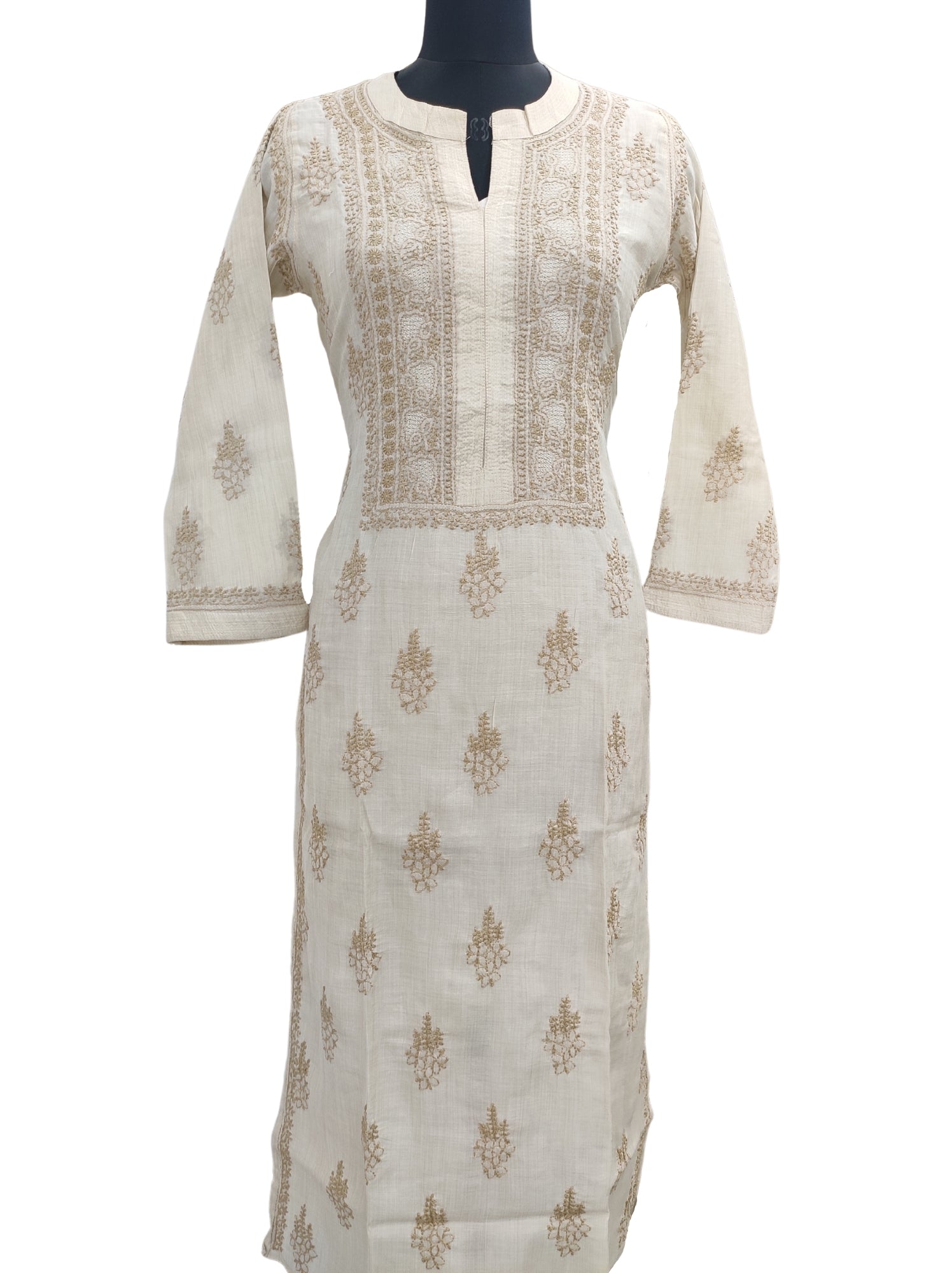Shyamal Chikan Hand Embroidered Beige Chanderi Cotton Lucknowi Chikankari Kurti - S12844