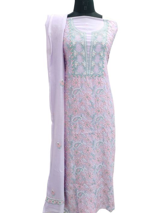 Shyamal Chikan Hand Embroidered lavender Pure Chanderi Lucknowi Chikankari Unstitched Suit Piece ( Set of 2 ) S13323