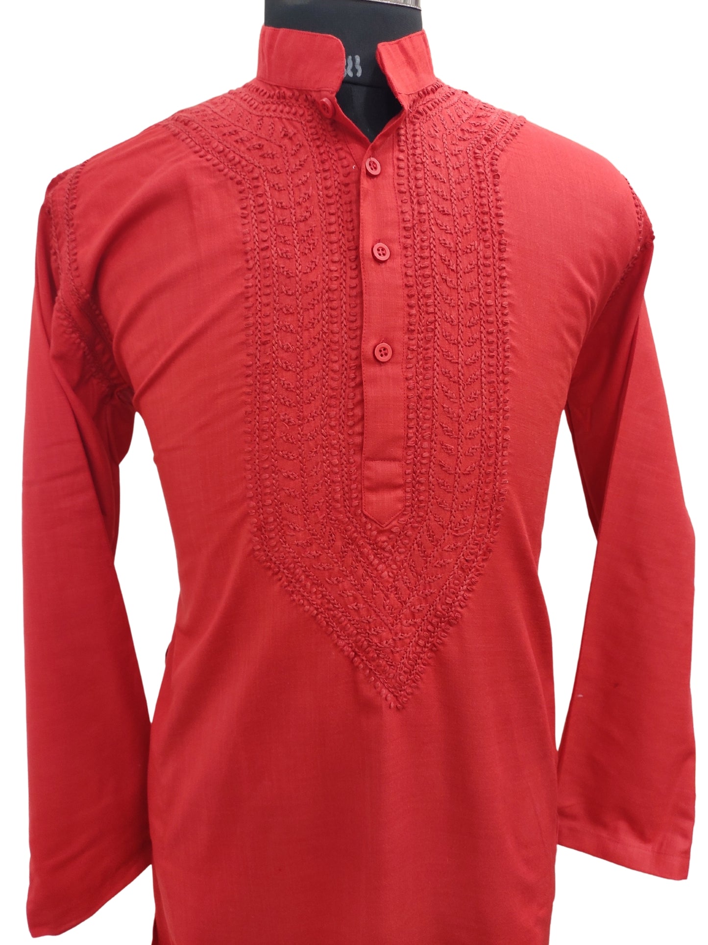 Shyamal Chikan Hand Embroidered Red Cotton Lucknowi Chikankari Men's Kurta– S17727