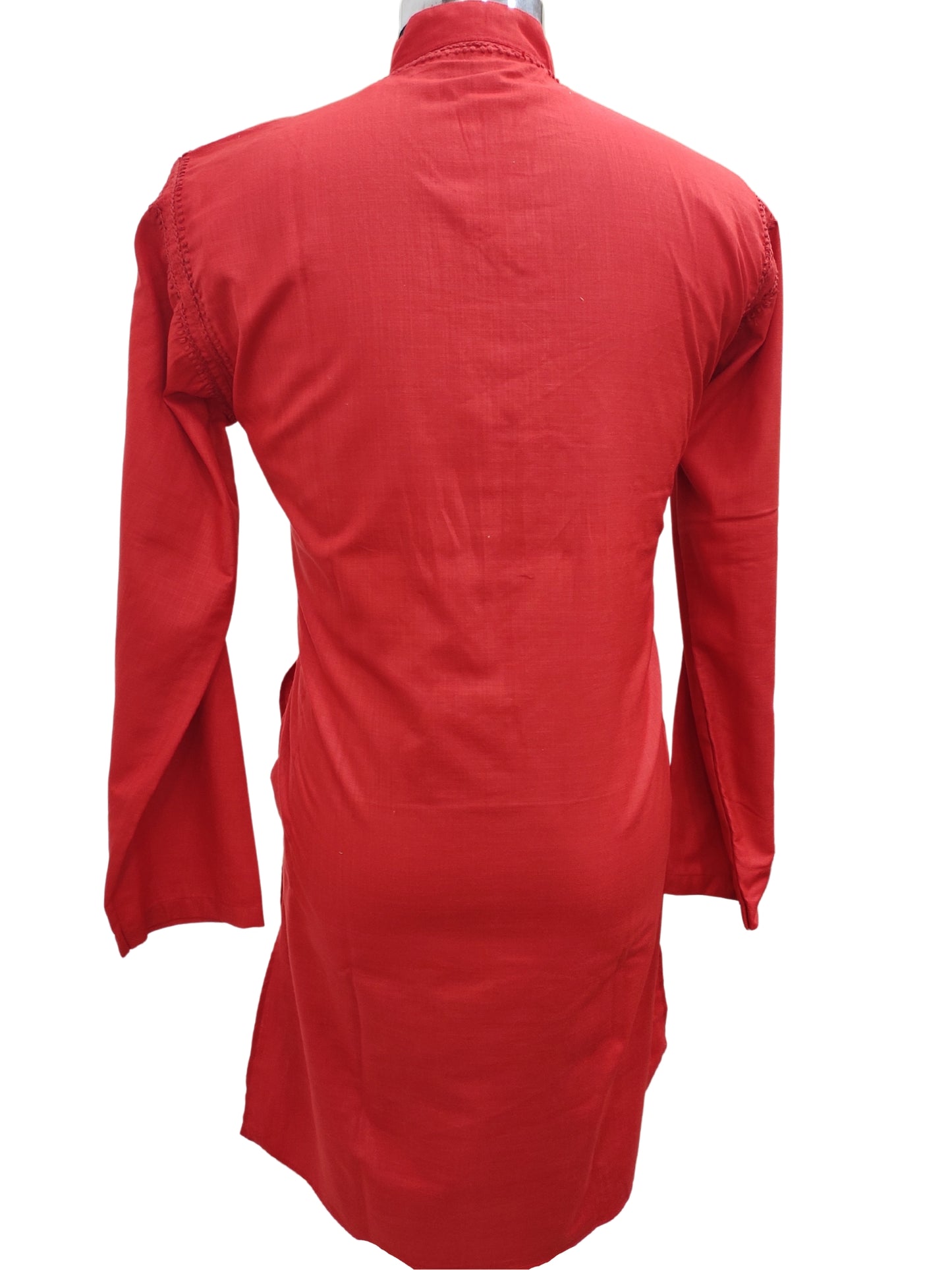 Shyamal Chikan Hand Embroidered Red Cotton Lucknowi Chikankari Men's Kurta– S17727