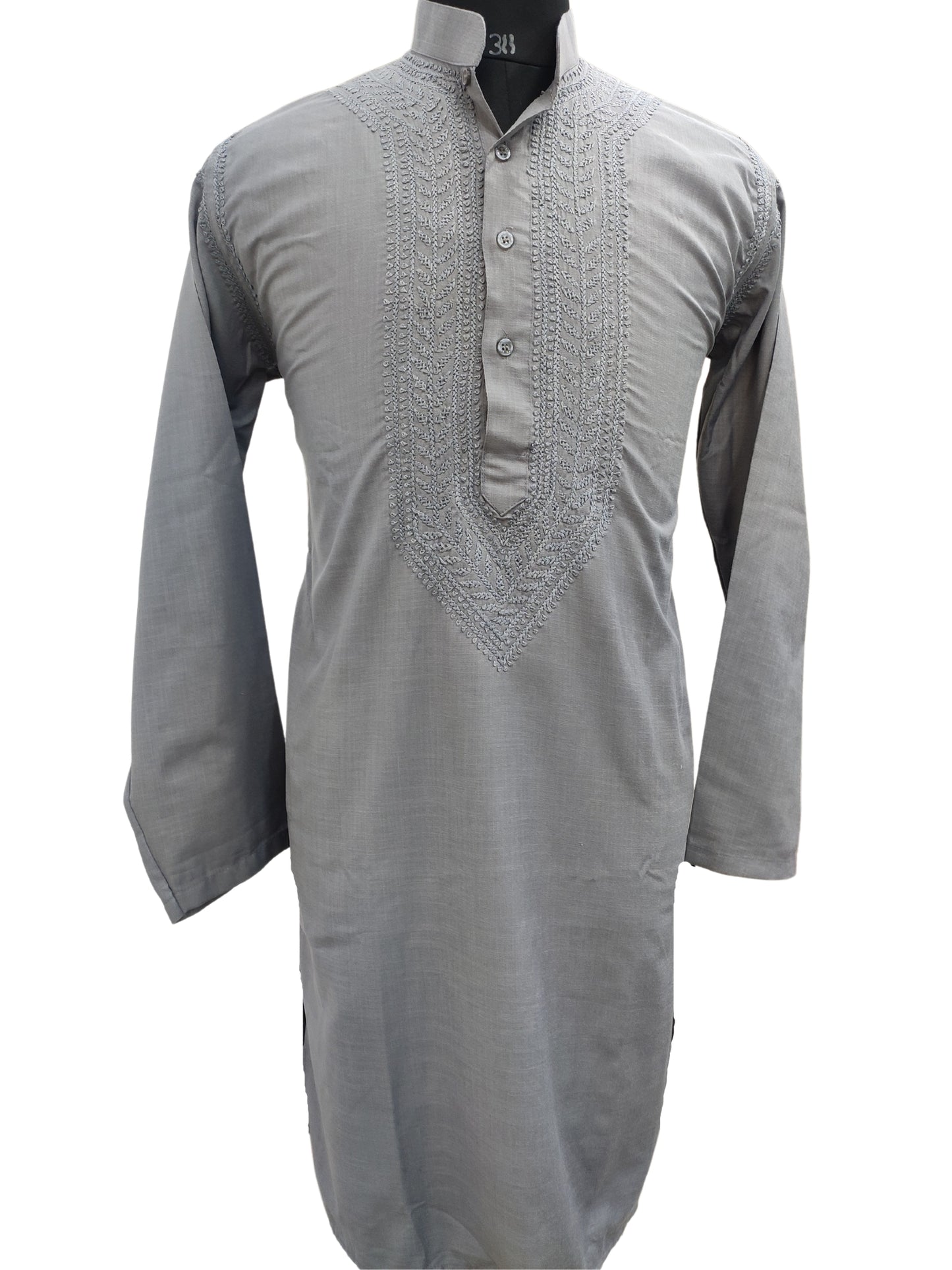 Shyamal Chikan Hand Embroidered Grey Cotton Lucknowi Chikankari Men's Kurta – S17722