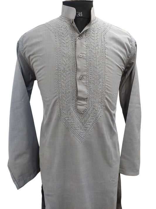 Shyamal Chikan Hand Embroidered Grey Cotton Lucknowi Chikankari Men's Kurta– S17722
