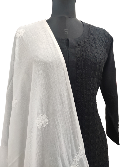 Shyamal Chikan Hand Embroidered White Malmal Cotton Lucknowi Chikankari Dupatta - S11324