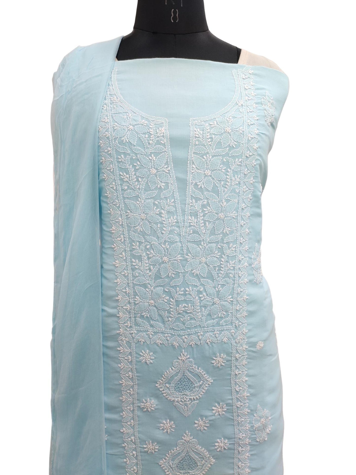 Shyamal Chikan Hand Embroidered Blue Cotton Lucknowi Chikankari Unstitched Suit Piece With Jaali Work - S19275