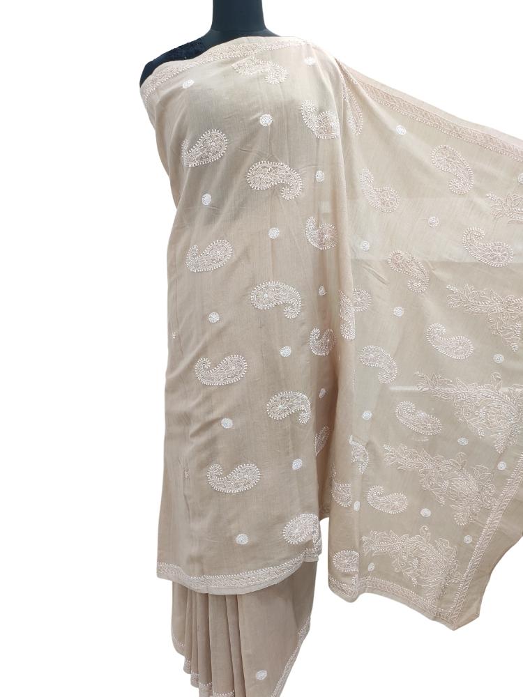 Shyamal Chikan Hand Embroidered Brown Chanderi Lucknowi Chikankari Saree With Blouse Piece - S13499