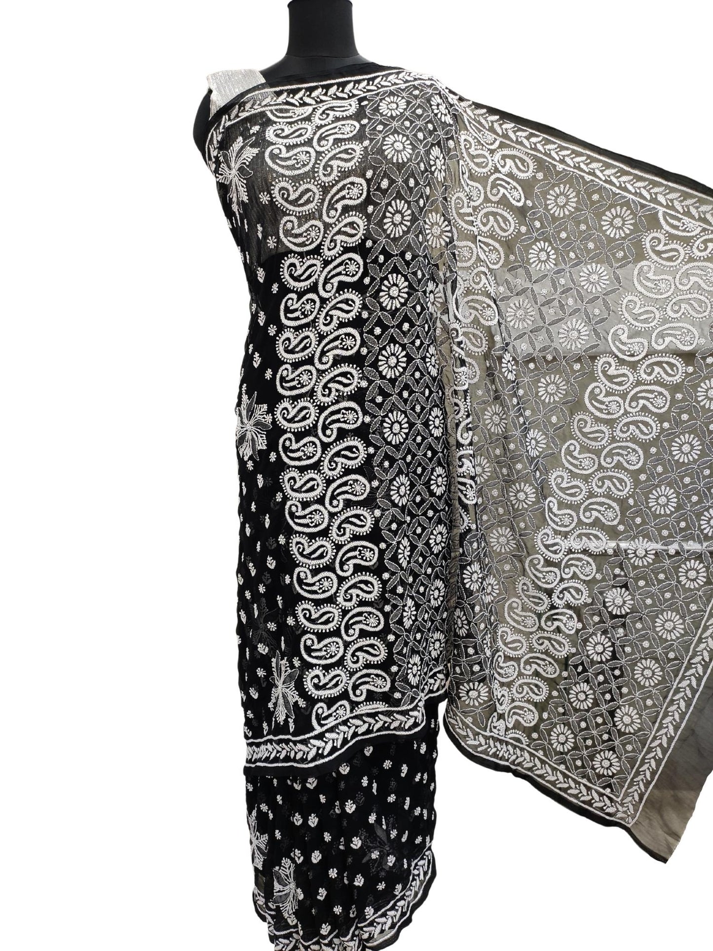 Shyamal Chikan Hand Embroidered Black Georgette Lucknowi Chikankari Full Jaal Saree With Blouse Piece - S13862