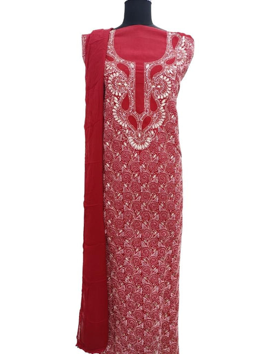 Shyamal Chikan Hand Embroidered Red Cotton Lucknowi Chikankari Unstitched Suit Piece With Gotta Patti Work - S14580