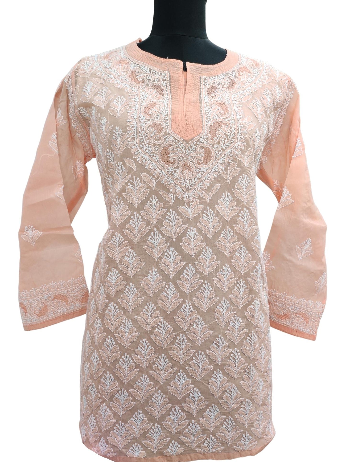 Shyamal Chikan Hand Embroidered Peach Cotton All-Over Lucknowi Chikankari Short Top - S15725