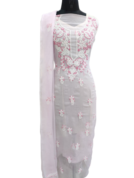 Shyamal Chikan Hand Embroidered Pink Georgette Lucknowi Chikankari Unstitched Suit Piece - S18479