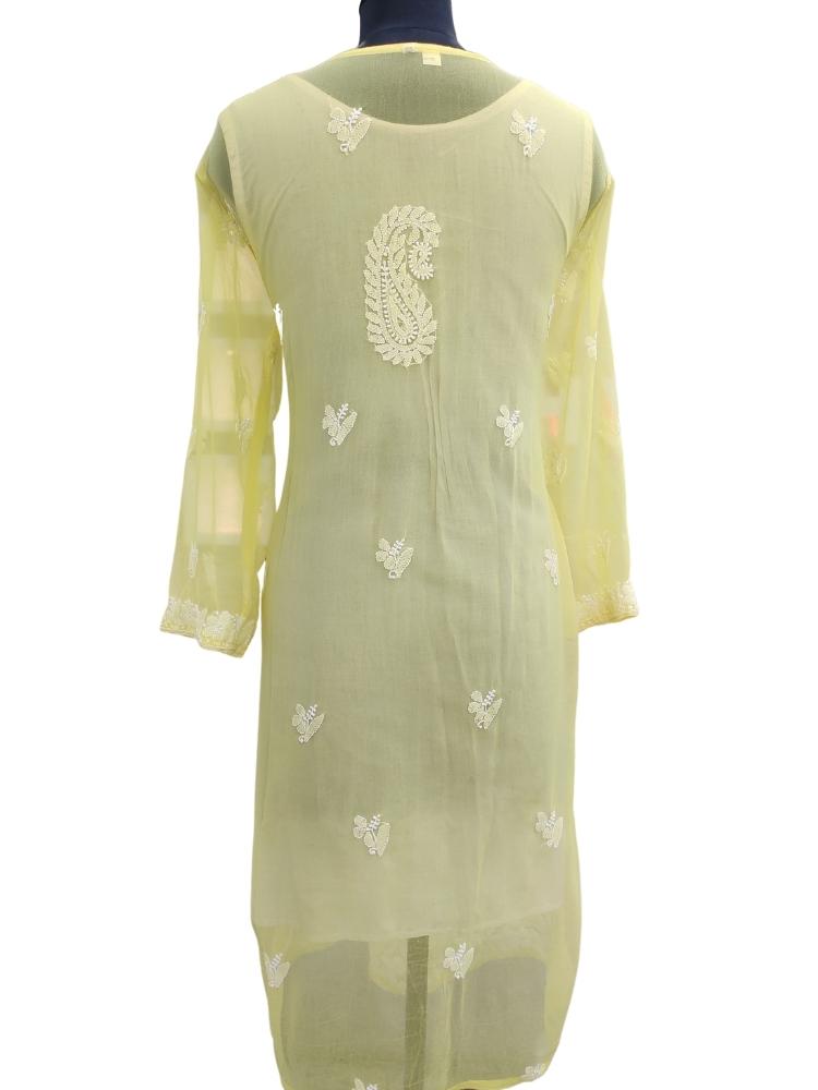 Shyamal Chikan Hand Embroidered Yellow Georgette Lucknowi Chikankari Kurti- S8407