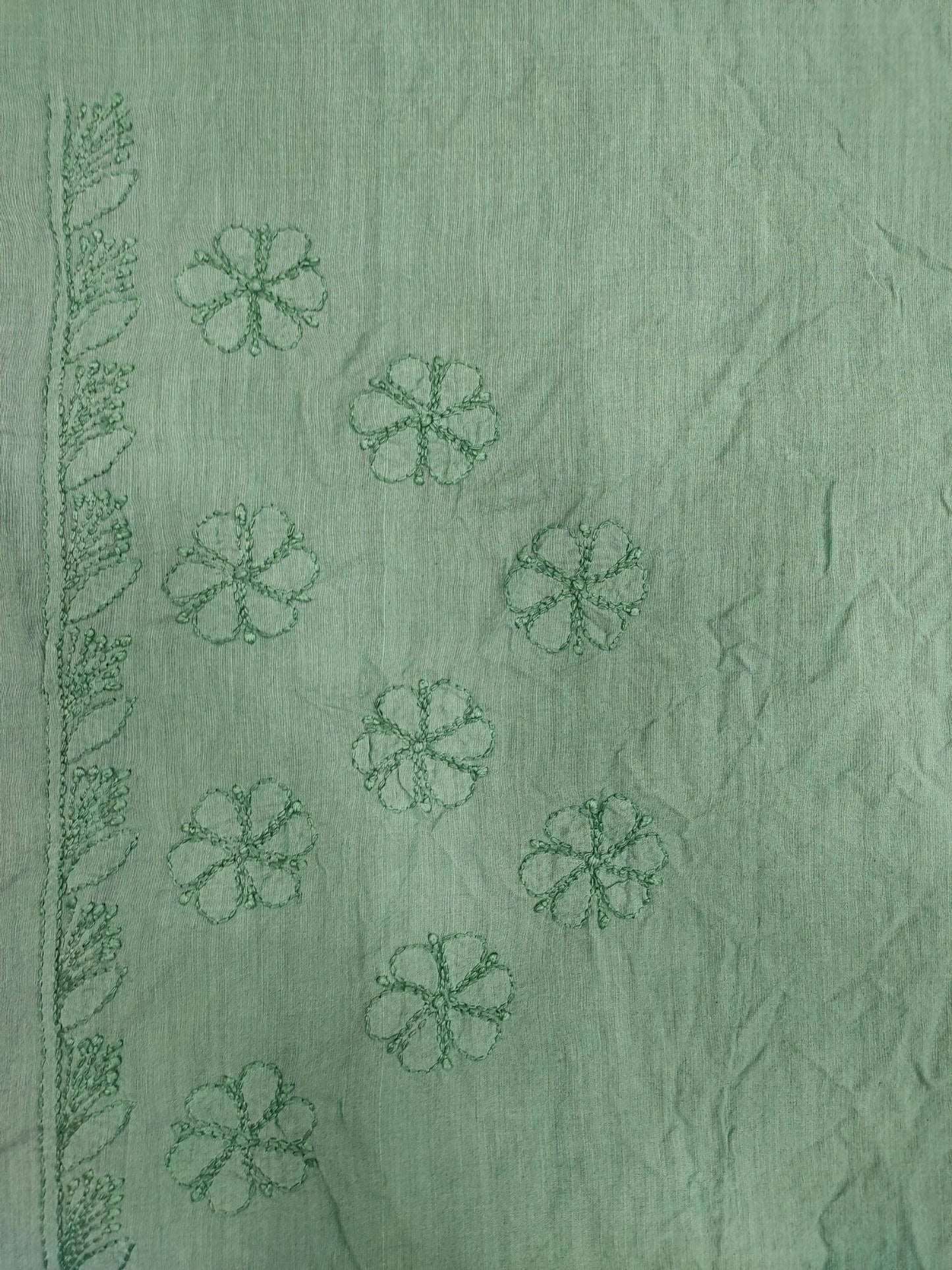 Shyamal Chikan Hand Embroidered Dark Green Chanderi Lucknowi Chikankari Saree With Blouse Piece - S14028