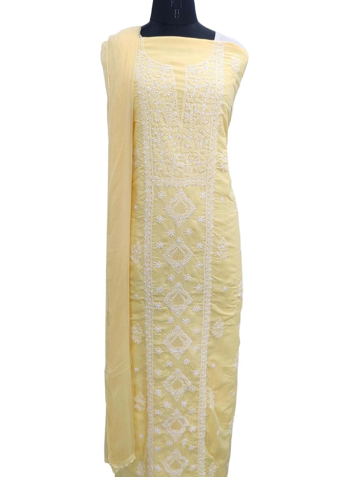 Shyamal Chikan Hand Embroidered Yellow Cotton Lucknowi Chikankari Unstitched Suit Piece With Jaali Work - S19276