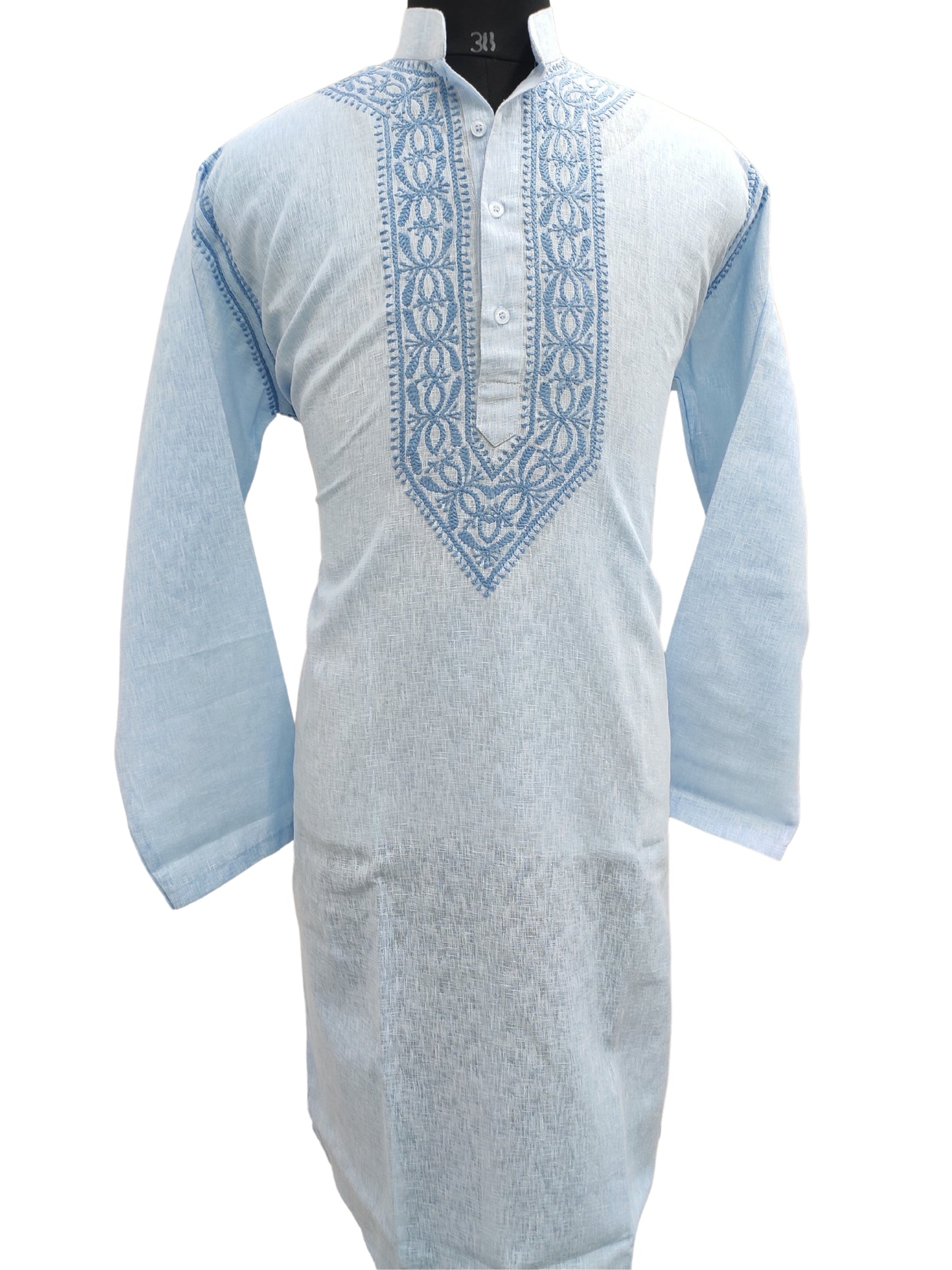 Shyamal Chikan Hand Embroidered Blue Cotton Lucknowi Chikankari Men's Kurta – S17708