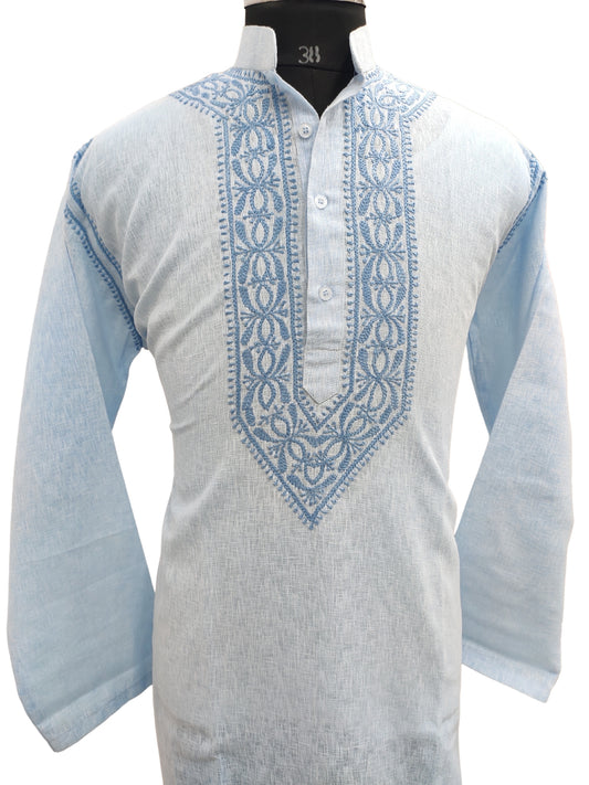 Shyamal Chikan Hand Embroidered Blue Cotton Lucknowi Chikankari Men's Kurta– S17708