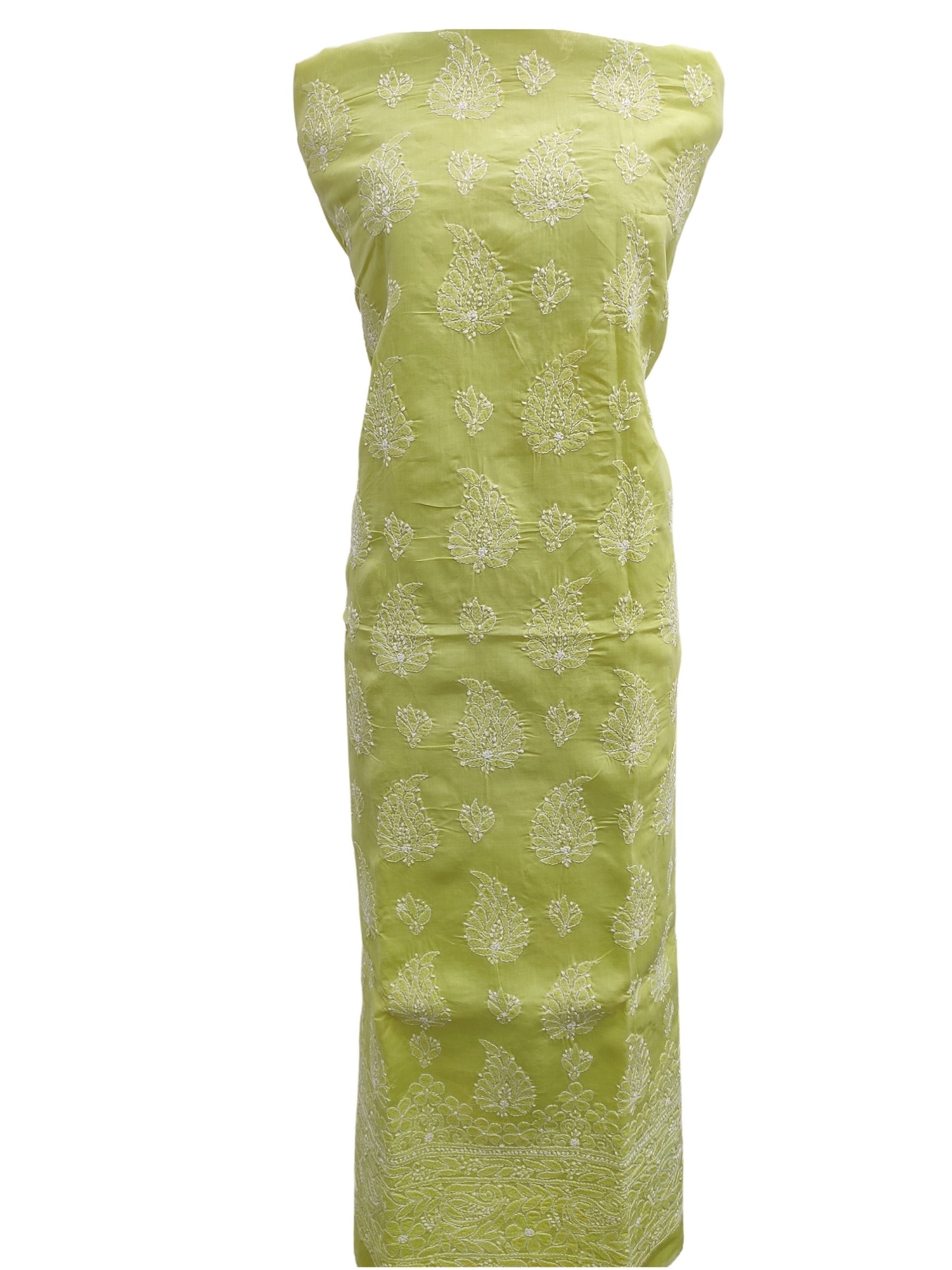 Shyamal Chikan Hand Embroidered Green Cotton Lucknowi Chikankari Unstitched Kurta Piece - S10807