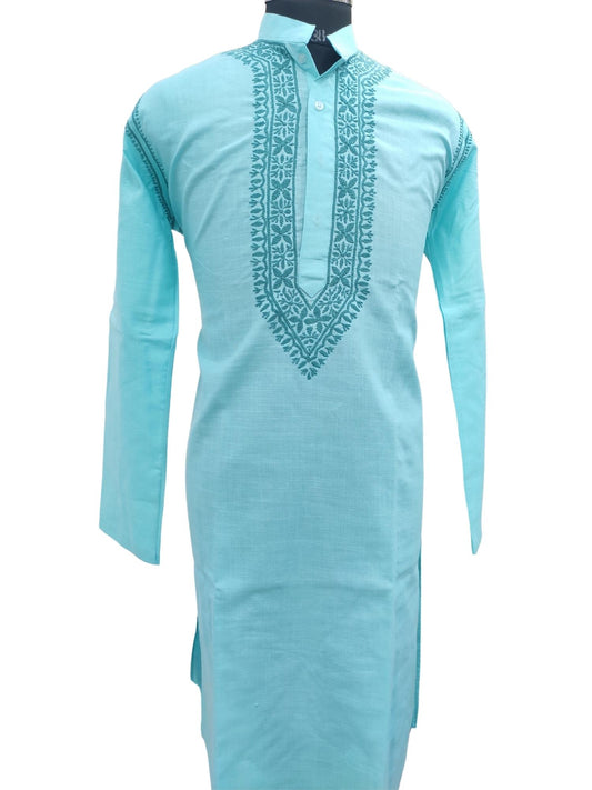 Shyamal Chikan Hand Embroidered Blue Cotton Lucknowi Chikankari Men's Kurta – S12970