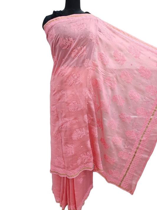 Shyamal Chikan Hand Embroidered Pink Pure Chanderi Lucknowi Chikankari Saree With Blouse Piece- S14244