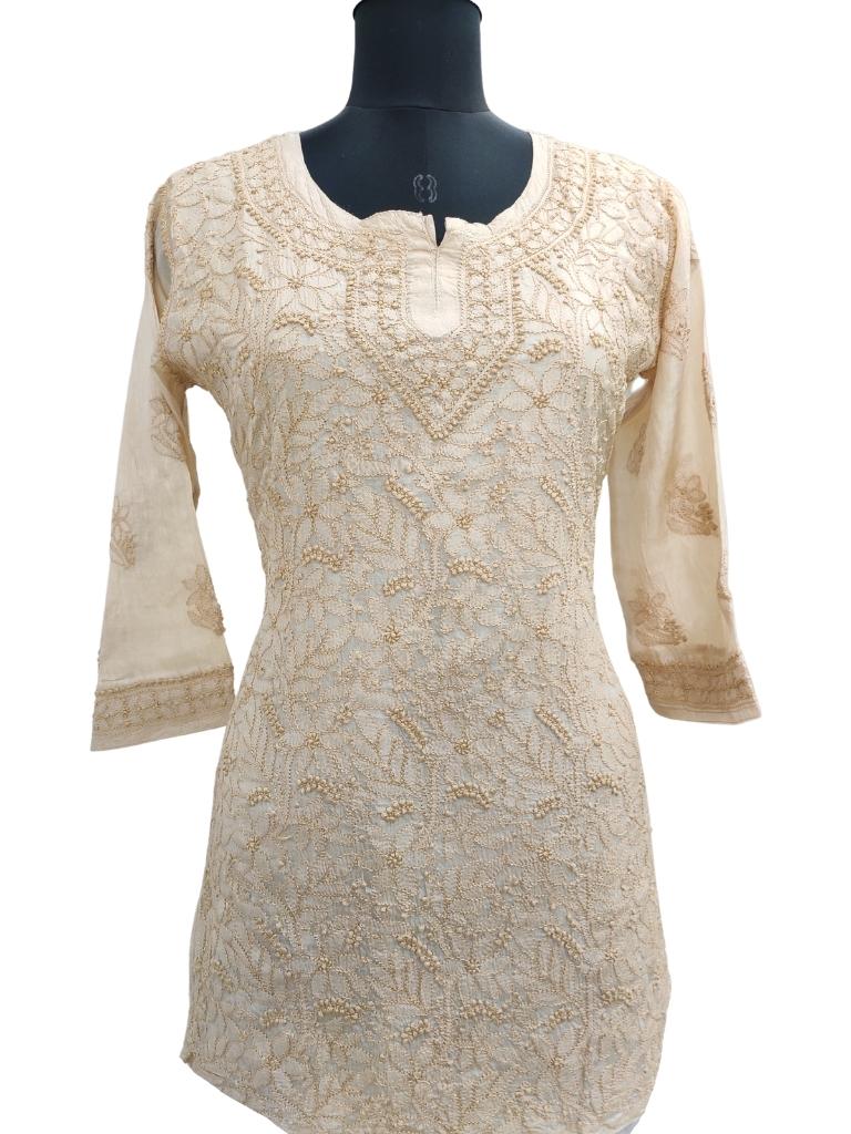 Shyamal Chikan Hand Embroidered Beige Pure Tusser Silk Lucknowi Chikankari Short Top - S15227