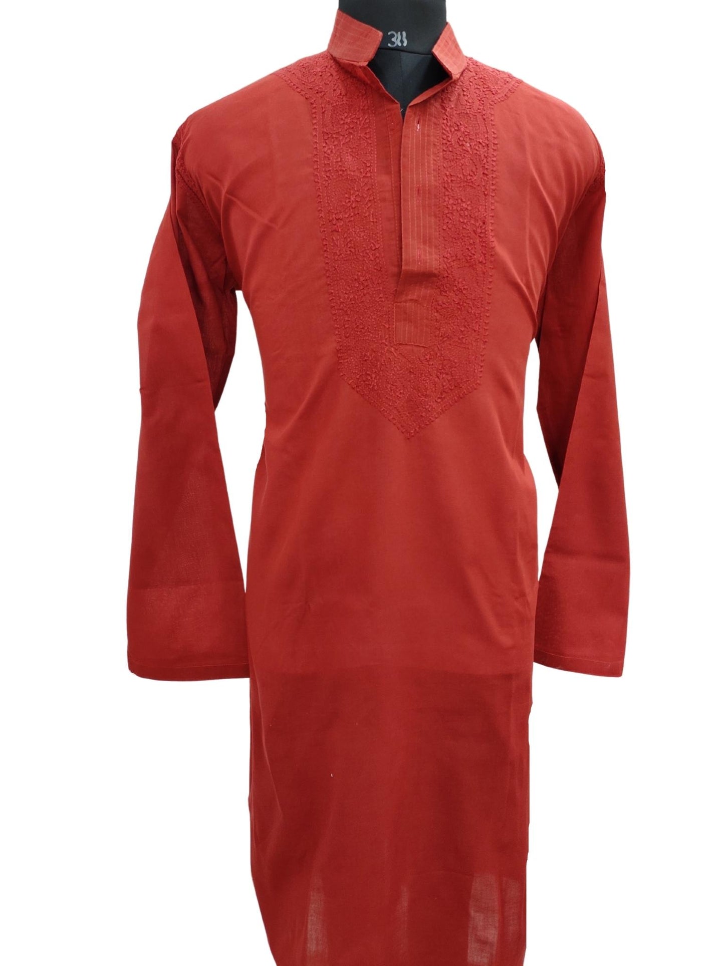 Shyamal Chikan Hand Embroidered Red Cotton Lucknowi Chikankari Men's Kurta – S17275