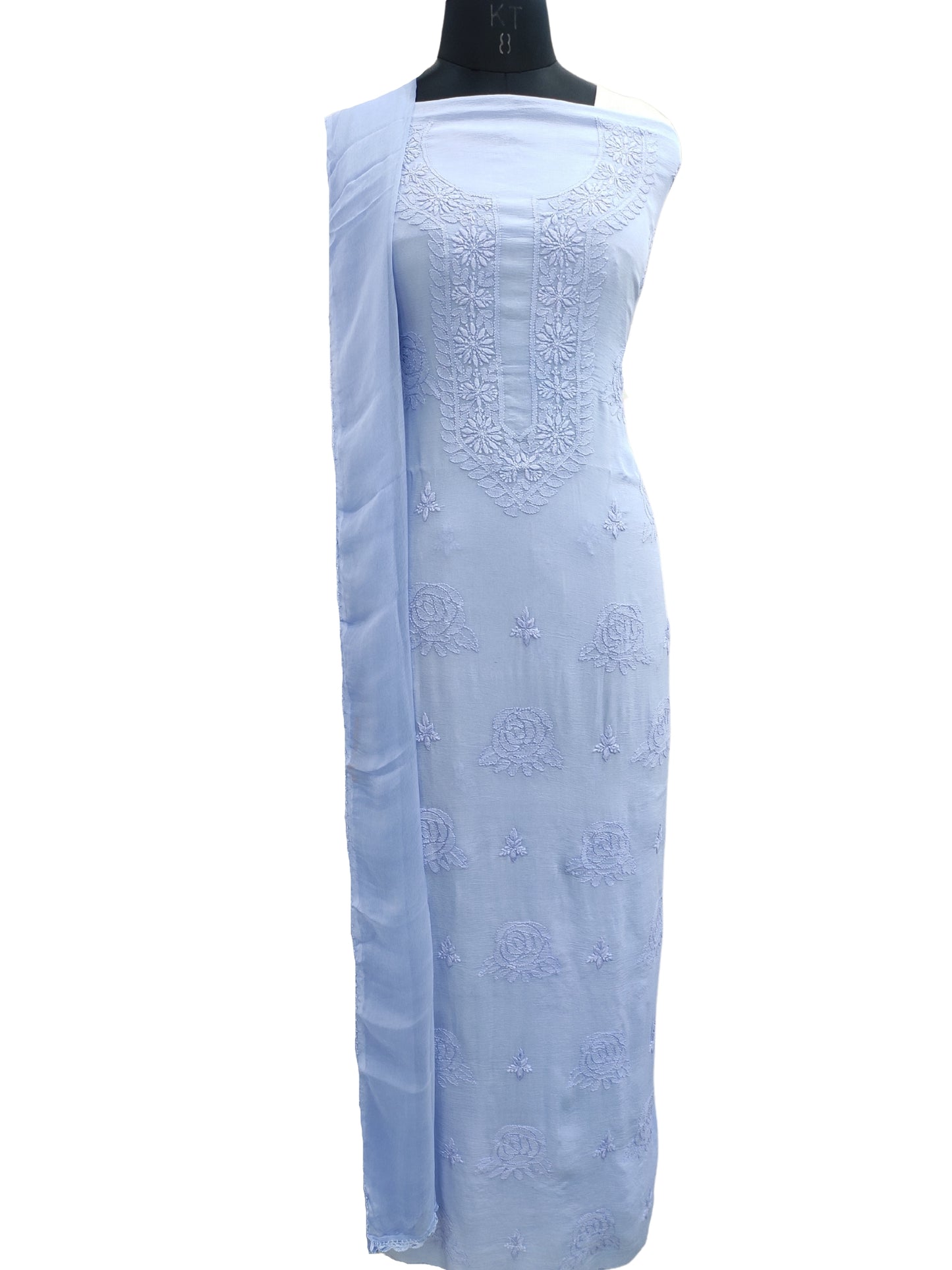 Shyamal Chikan Hand Embroidered Blue Pure Chiffon Lucknowi Chikankari Unstitched Suit Piece ( Set of 2 ) - S17447