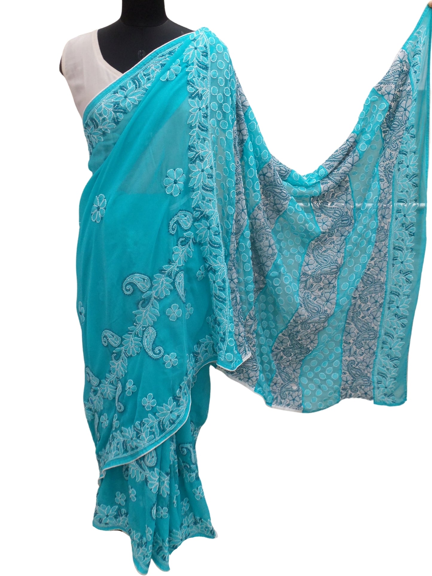 Shyamal Chikan Hand Embroidered Blue Goergette Lucknowi Chikankari Contrast Saree With Blouse Piece- S4225