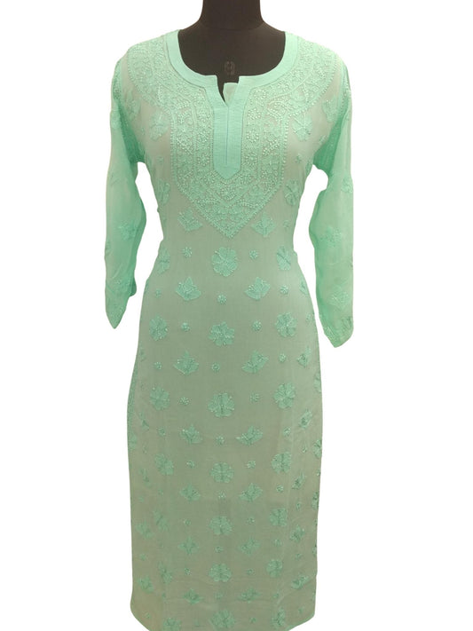 Shyamal Chikan Hand Embroidered Sea Green Viscose Georette Lucknowi Chikankari Kurti- S7185