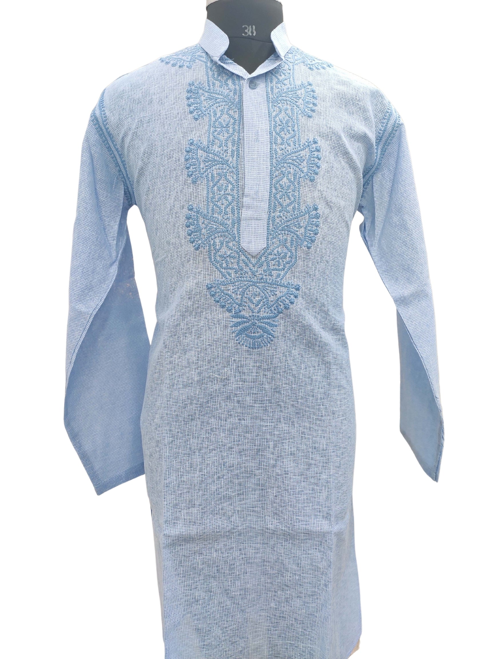 Shyamal Chikan Hand Embroidered Blue Cotton Lucknowi Chikankari Men's Kurta – S11813