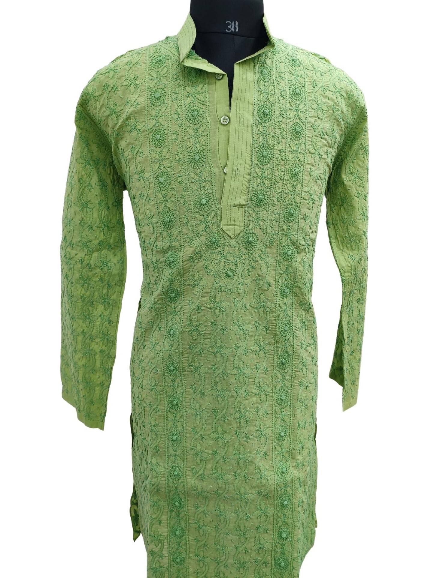 Shyamal Chikan Hand Embroidered Green Cotton Lucknowi Chikankari All-Over Men's Kurta – S13161