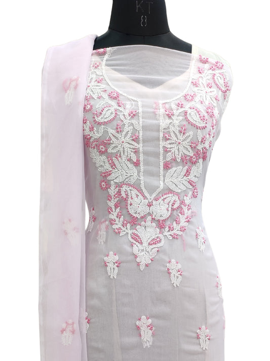 Shyamal Chikan Hand Embroidered Pink Georgette Lucknowi Chikankari Unstitched Suit Piece - S18479