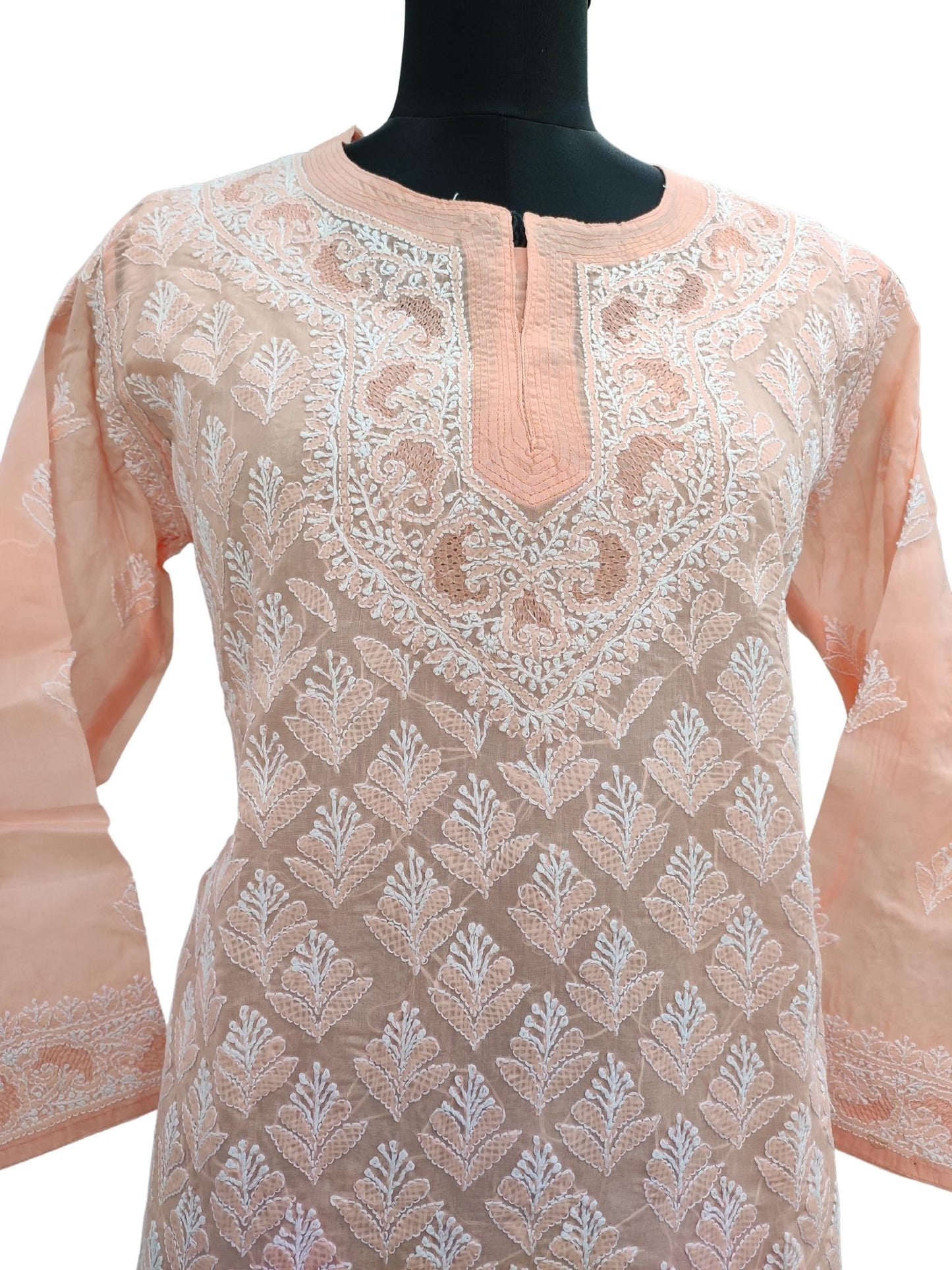 Shyamal Chikan Hand Embroidered Peach Cotton All-Over Lucknowi Chikankari Short Top - S15725