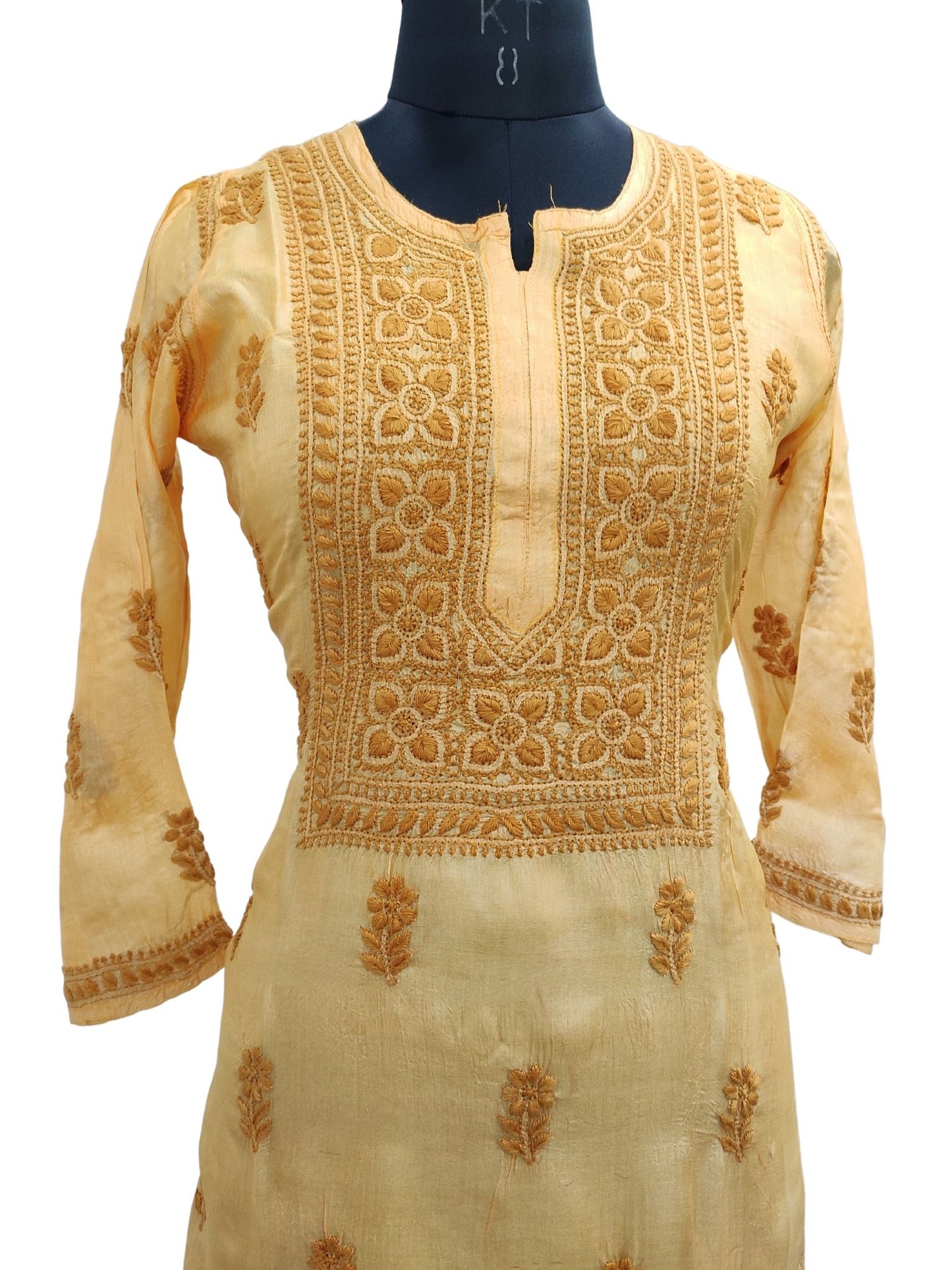 Shyamal Chikan Hand Embroidered Yellow Pure Tusser Silk Lucknowi Chikankari Kurti- S18774