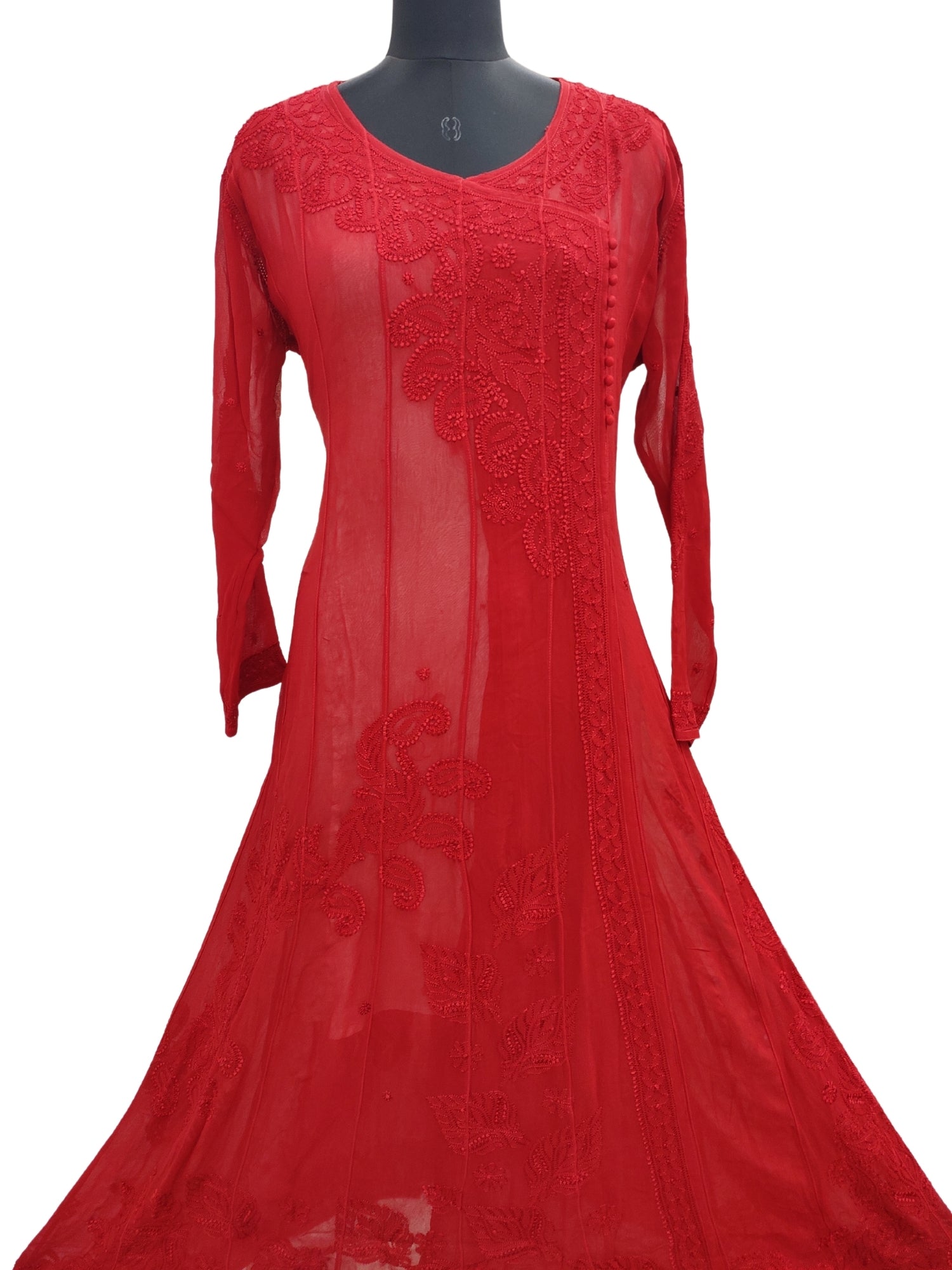 Shyamal Chikan Hand Embroidered Cherry Red Viscose Georgette Lucknowi Chikankari Anarkali -
