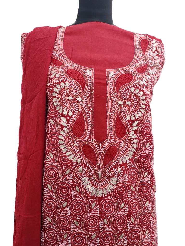 Shyamal Chikan Hand Embroidered Red Cotton Lucknowi Chikankari Unstitched Suit Piece With Gotta Patti Work - S14580