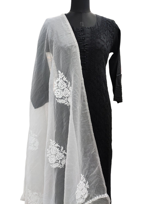 Shyamal Chikan Hand Embroidered White Organza Lucknowi Chikankari Dupatta - S13188