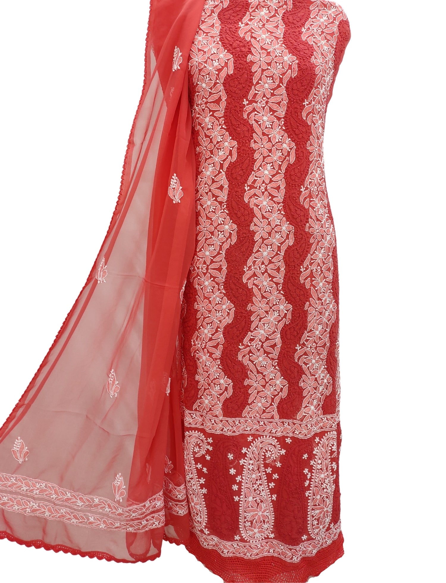 Shyamal Chikan Hand Embroidered Red Georgette Lucknowi Chikankari Unstitched Suit Piece With Crosia Work - S10741 - Shyamal Chikan