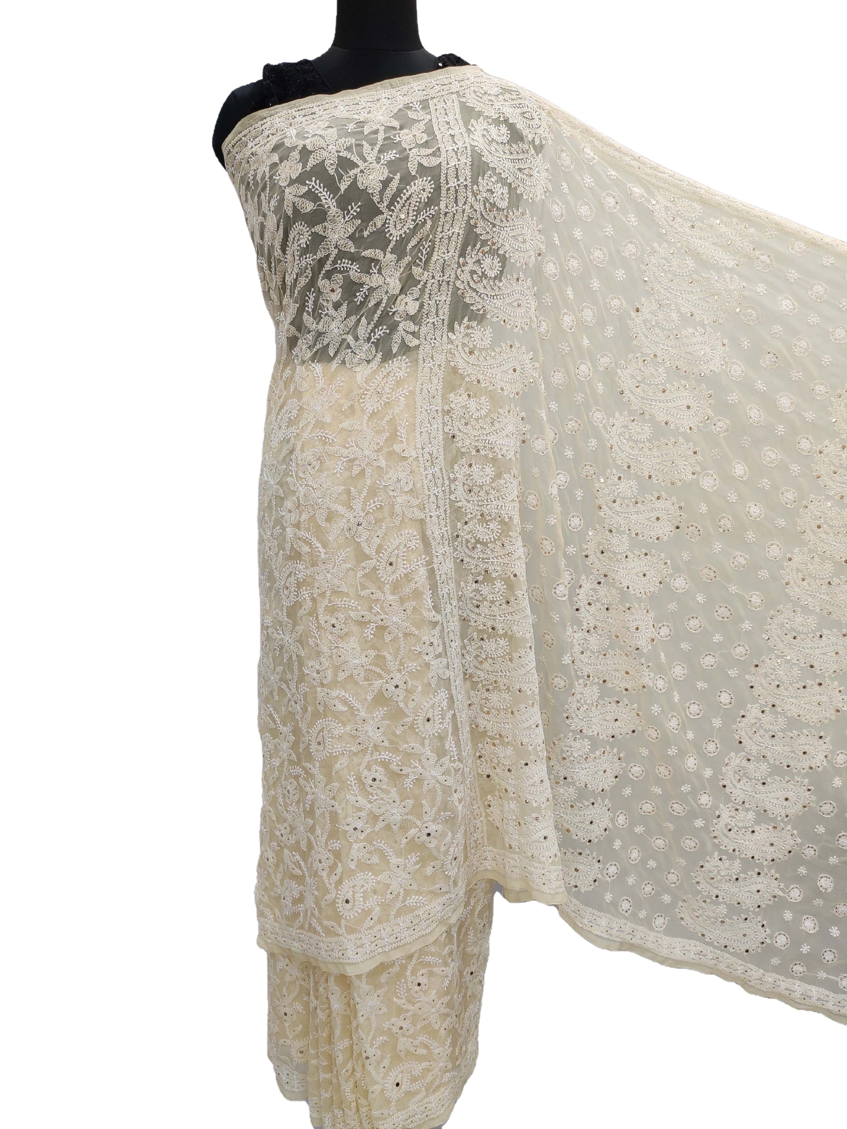 Shyamal Chikan Hand Embroidered Lemon Yellow High Quality Georgette Lucknowi Chikankari Full Jaal Saree With Blouse Piece And Mukaish Work - S10855