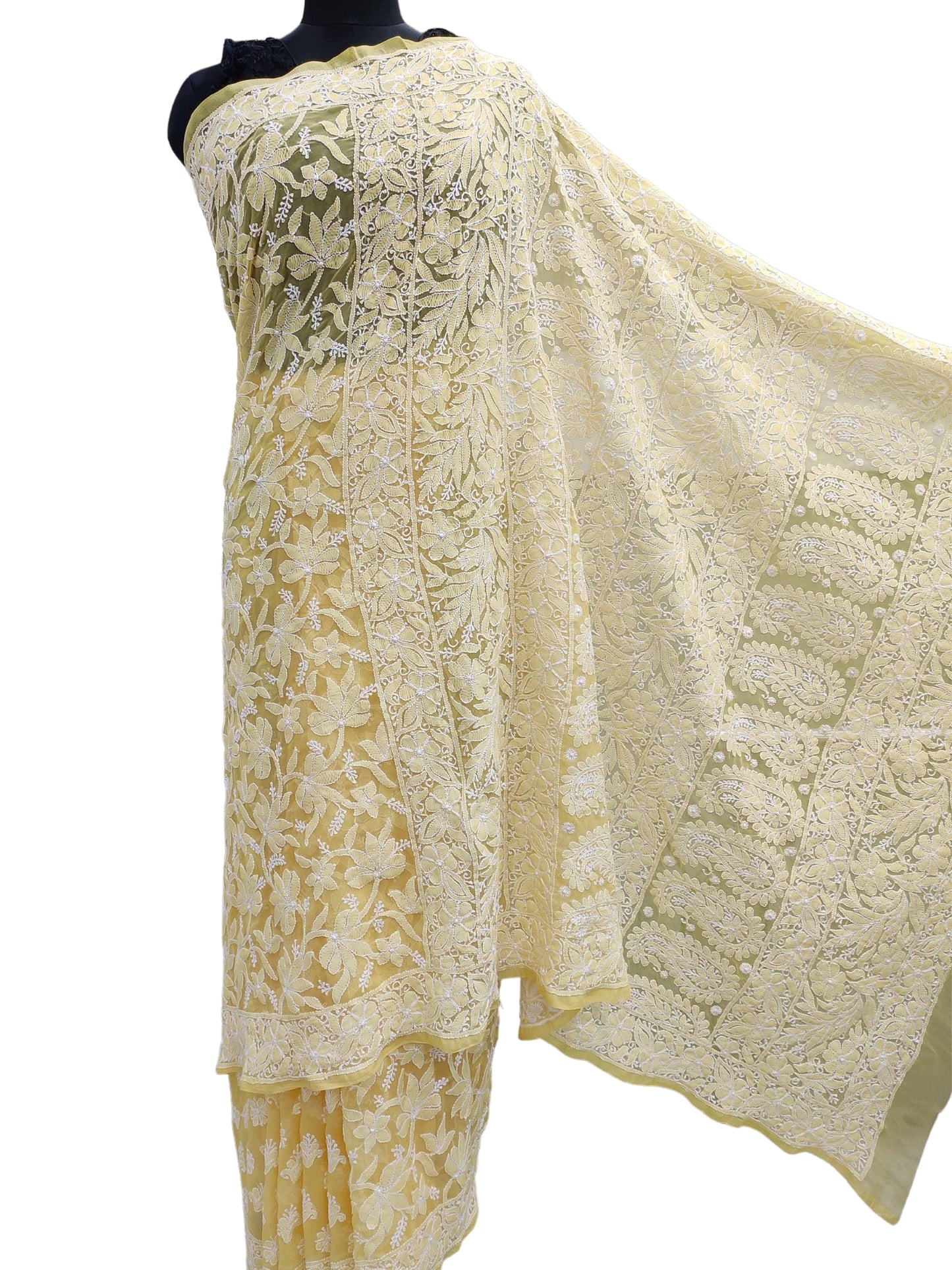 Shyamal Chikan Hand Embroidered Yellow Georgette Lucknowi Chikankari Full Jaal Saree With Blouse Piece - S11688