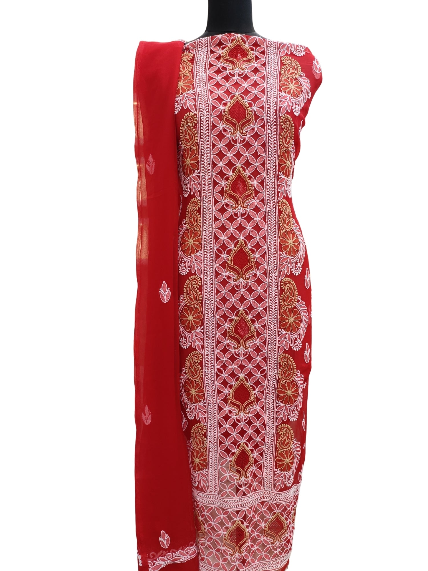 Shyamal Chikan Hand Embroidered Red Georgette Lucknowi Chikankari Unstitched Suit Piece With Jaali Work - S12162