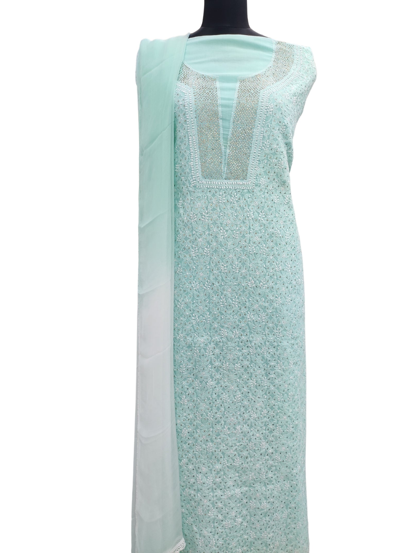 Shyamal Chikan Hand Embroidered Sea Green Cotton Lucknowi Chikankari Unstitched Suit Piece With Mukaish Work - S12198