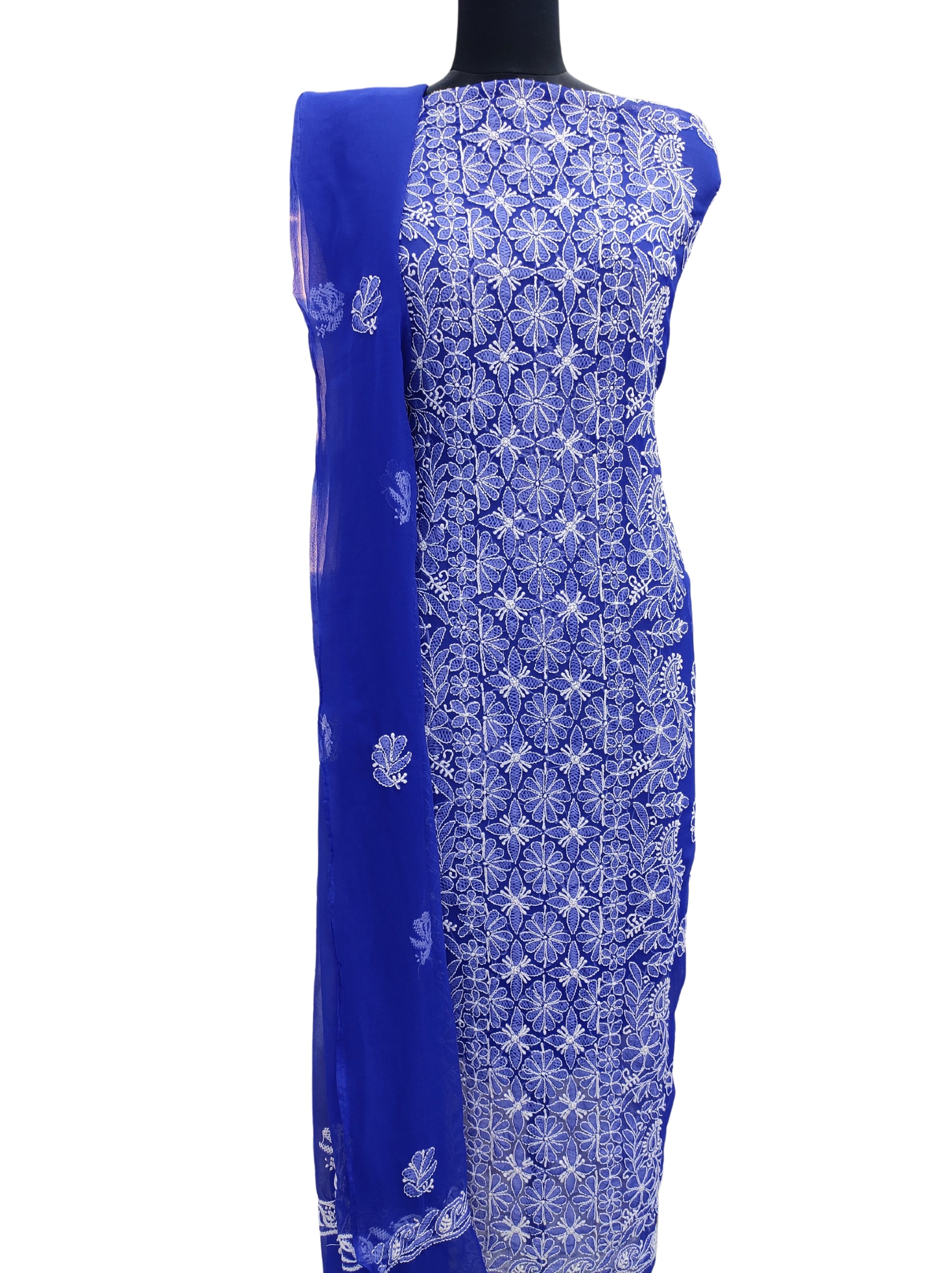 Shyamal Chikan Hand Embroidered Royal Blue Georgette Lucknowi Chikankari Unstitched Suit Piece - S12385