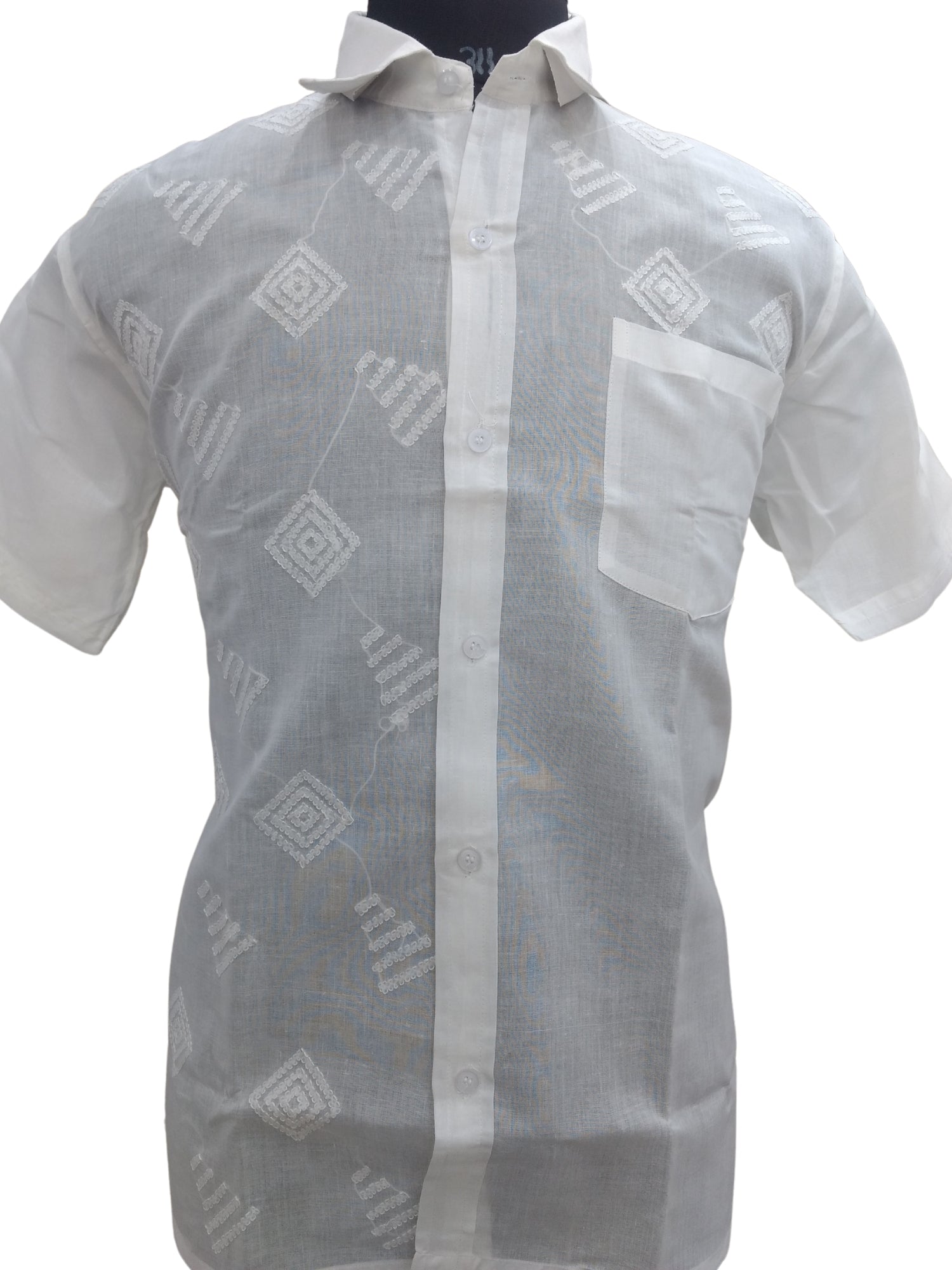 Shyamal Chikan Hand Embroidered White Cotton Lucknowi Chikankari Men's Shirt – S12510