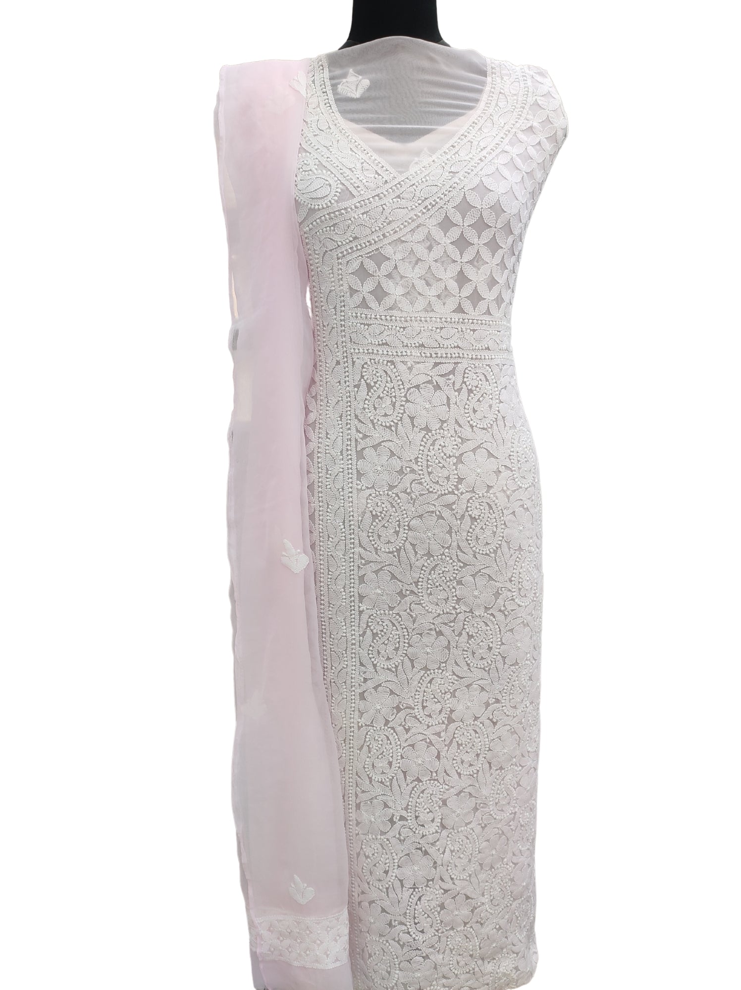 Shyamal Chikan Hand Embroidered Pink Georgette Lucknowi Chikankari Unstitched Suit Piece - S12571