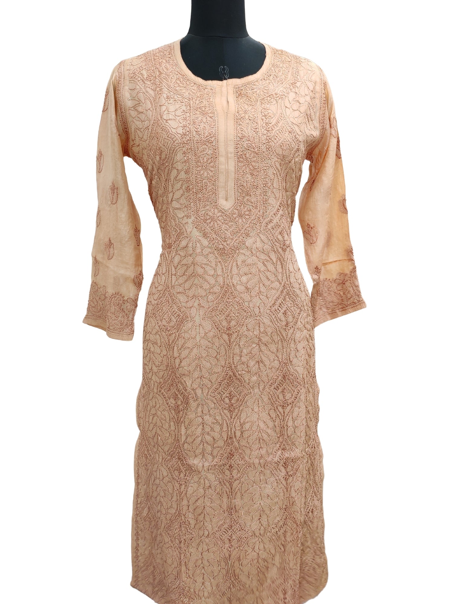 Shyamal Chikan Hand Embroidered Beige Pure Tusser Silk Lucknowi Chikankari Kurti- S12665