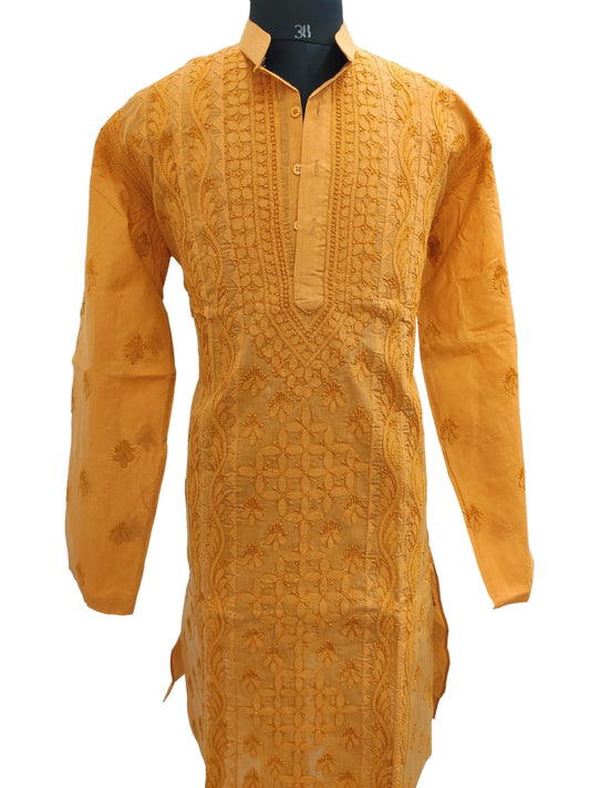 Shyamal Chikan Hand Embroidered Orange Cotton Lucknowi Chikankari Men's Kurta With Daraz Work – S13061