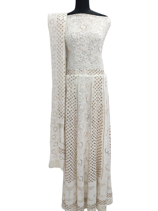 Shyamal Chikan Hand Embroidered White Pure Georgette Lucknowi Chikankari Lehenga Set With Ring Mukaish Work - S13369