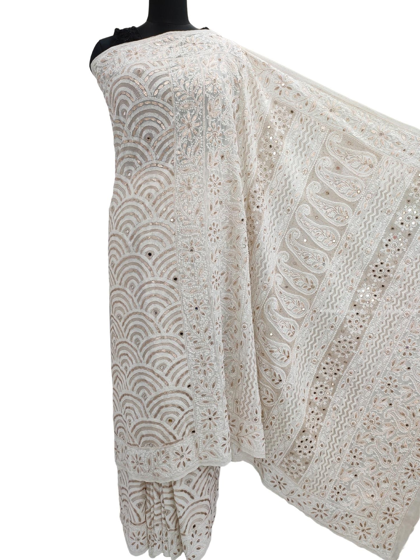 Shyamal Chikan Hand Embroidered White Pure Georgette Lucknowi Chikankari Saree With Blouse Piece, Gotta Patti and Mirror Work - S13585