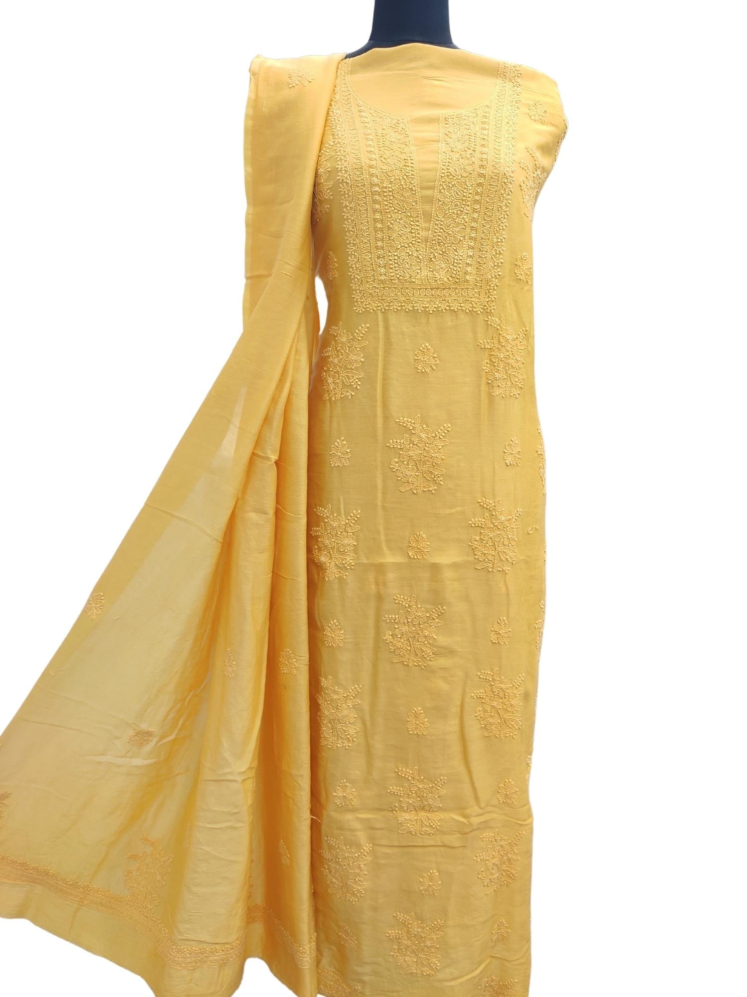 Shyamal Chikan Hand Embroidered Yellow Pure Chanderi Silk Lucknowi Chikankari Unstitched Suit Piece ( Set of 2 ) - S13962